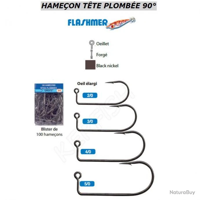 HAMECONS DROITS TÊTE PLOMBÉE 90° FLASHMER 2/0 3 HAMECONS DROITS TÊTE PLOMBÉE 90° FLASHMER 2/0